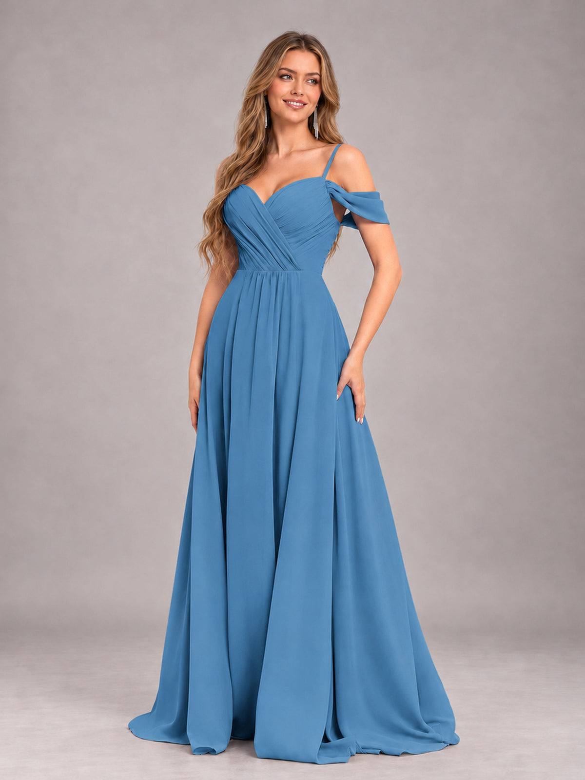 Blue Trendy Off The Shoulder Spaghetti Straps Chiffon Bridesmaid Dress