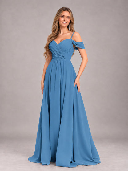 Blue Trendy Off The Shoulder Spaghetti Straps Chiffon Bridesmaid Dress