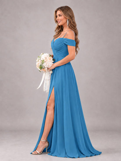 Blue Trendy Off The Shoulder Spaghetti Straps Chiffon Bridesmaid Dress