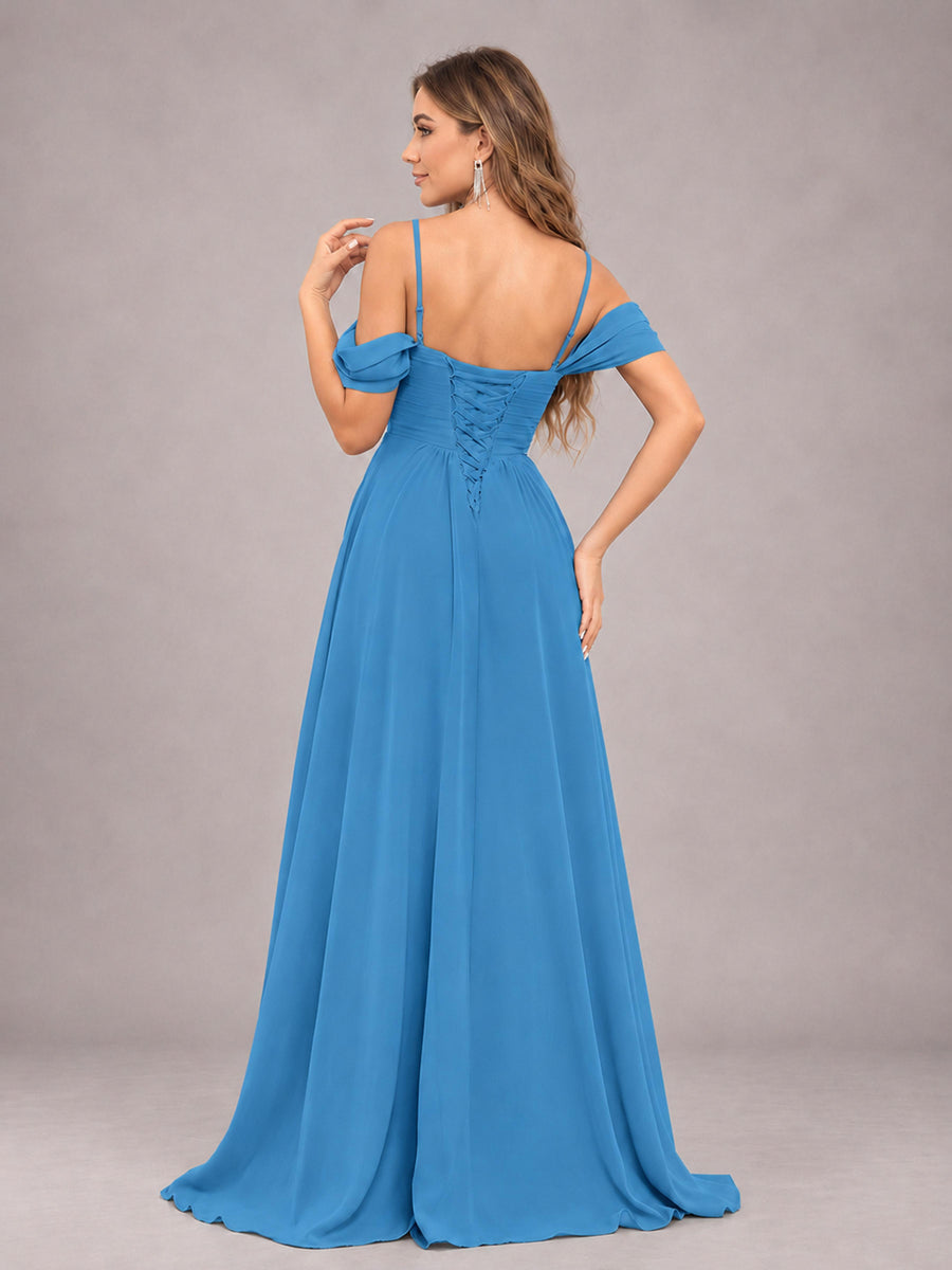 Blue Trendy Off The Shoulder Spaghetti Straps Chiffon Bridesmaid Dress