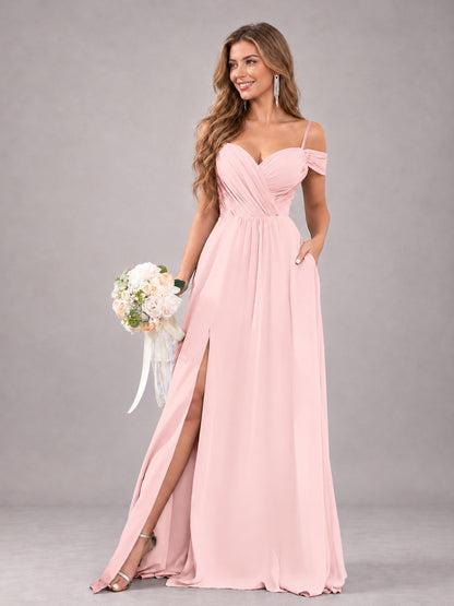 Blush Pink Trendy Off The Shoulder Spaghetti Straps Chiffon Bridesmaid Dress