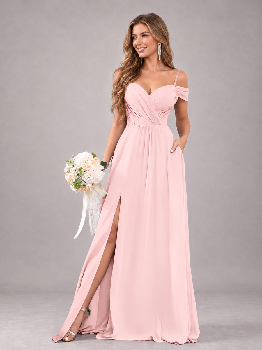 Blush Pink Trendy Off The Shoulder Spaghetti Straps Chiffon Bridesmaid Dress