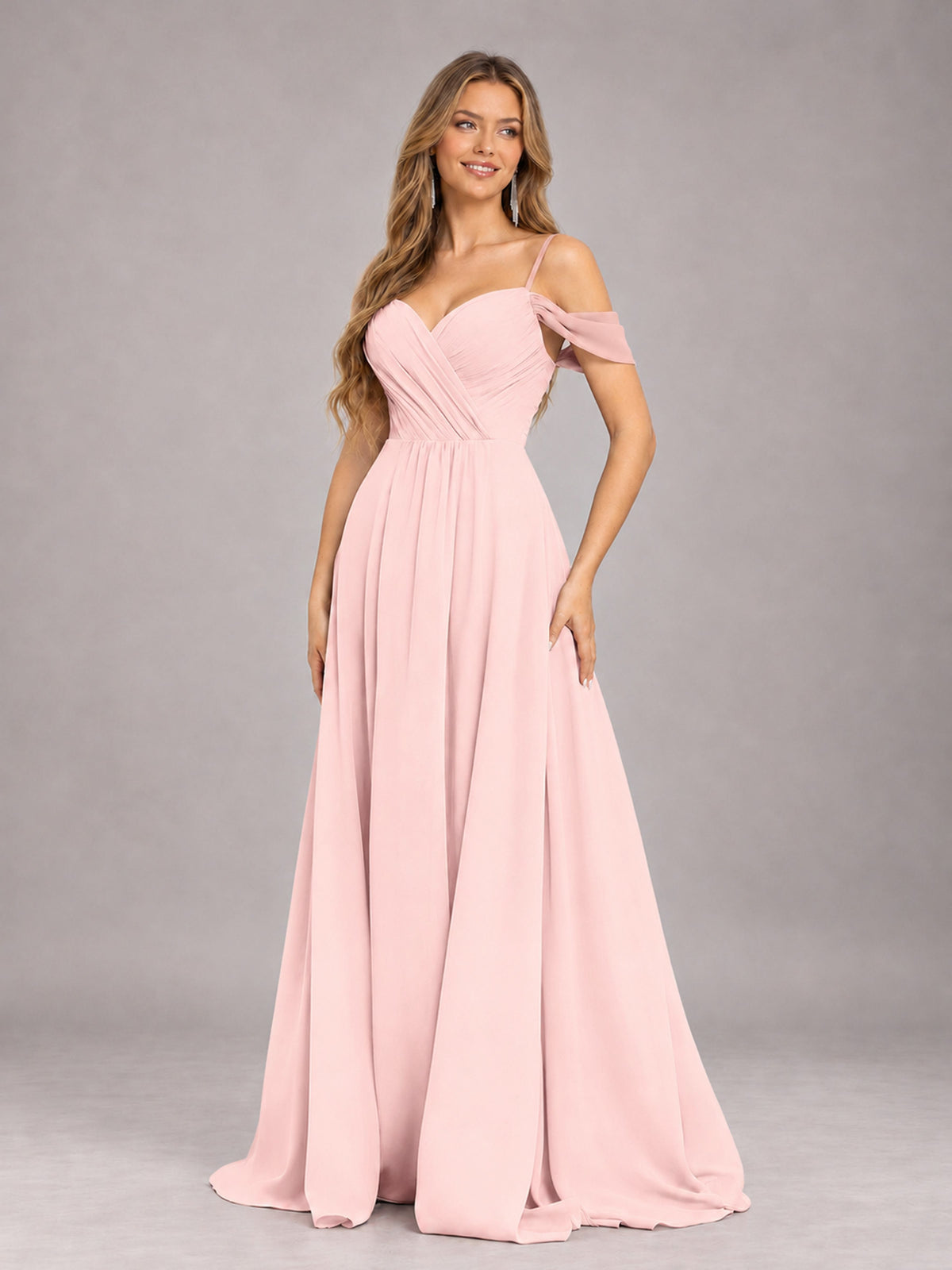 Blush Pink Trendy Off The Shoulder Spaghetti Straps Chiffon Bridesmaid Dress