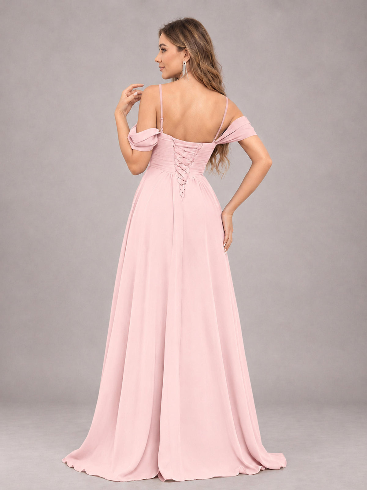 Blush Pink Trendy Off The Shoulder Spaghetti Straps Chiffon Bridesmaid Dress