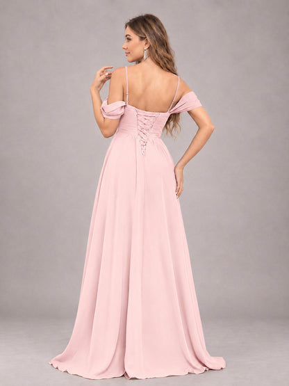 Blush Pink Trendy Off The Shoulder Spaghetti Straps Chiffon Bridesmaid Dress