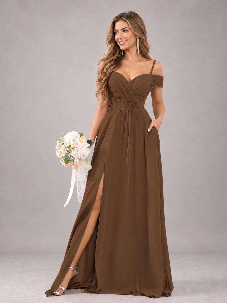 Brown Trendy Off The Shoulder Spaghetti Straps Chiffon Bridesmaid Dress