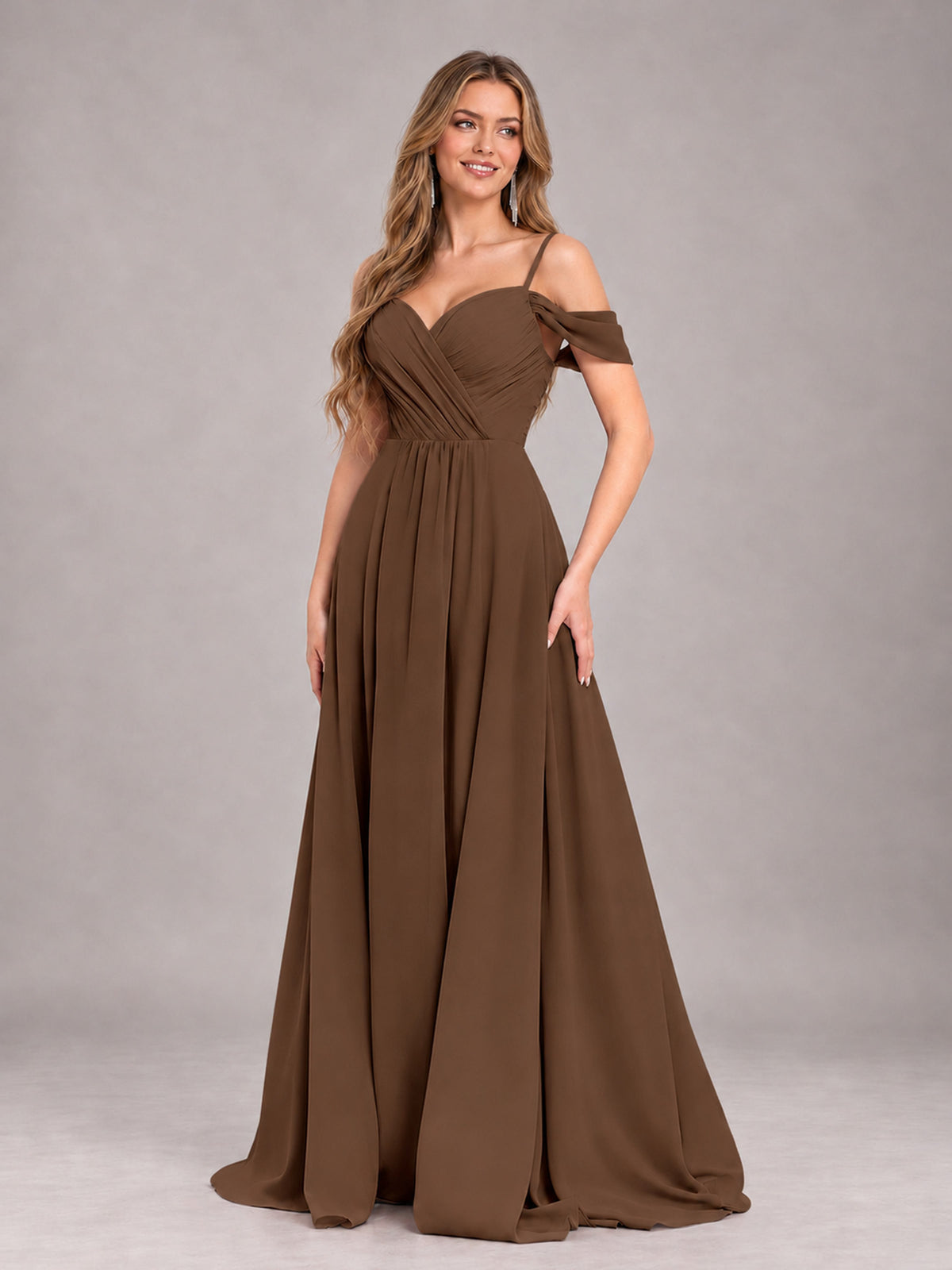 Brown Trendy Off The Shoulder Spaghetti Straps Chiffon Bridesmaid Dress