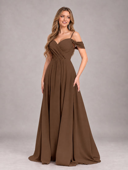Brown Trendy Off The Shoulder Spaghetti Straps Chiffon Bridesmaid Dress