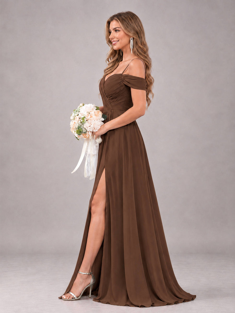 Brown Trendy Off The Shoulder Spaghetti Straps Chiffon Bridesmaid Dress