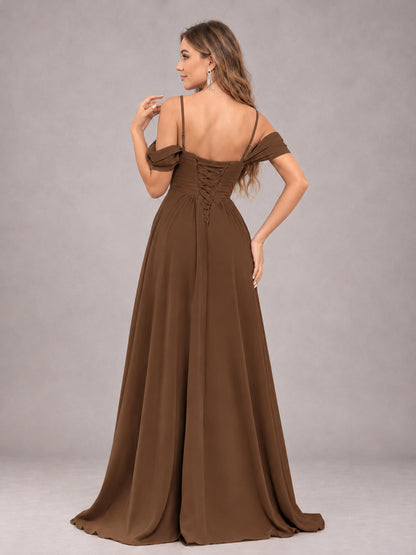 Brown Trendy Off The Shoulder Spaghetti Straps Chiffon Bridesmaid Dress