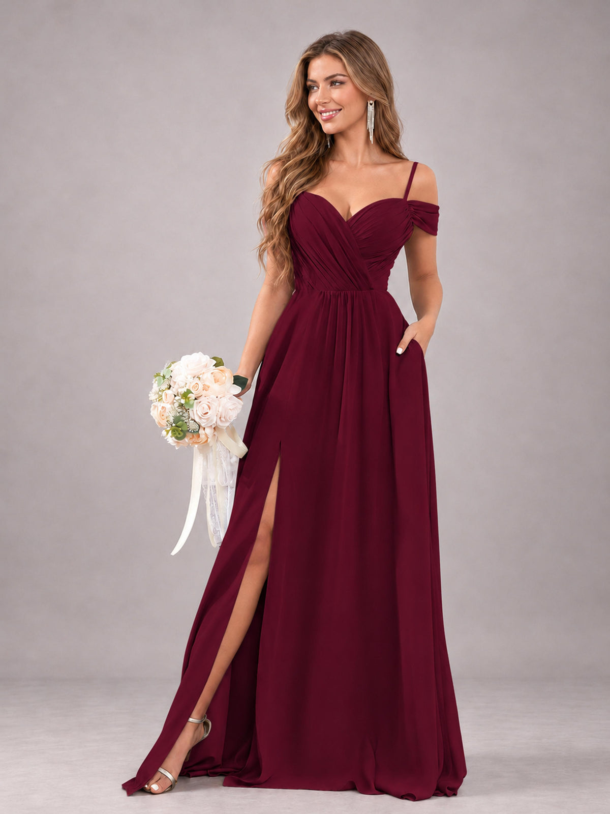 Burgundy Trendy Off The Shoulder Spaghetti Straps Chiffon Bridesmaid Dress