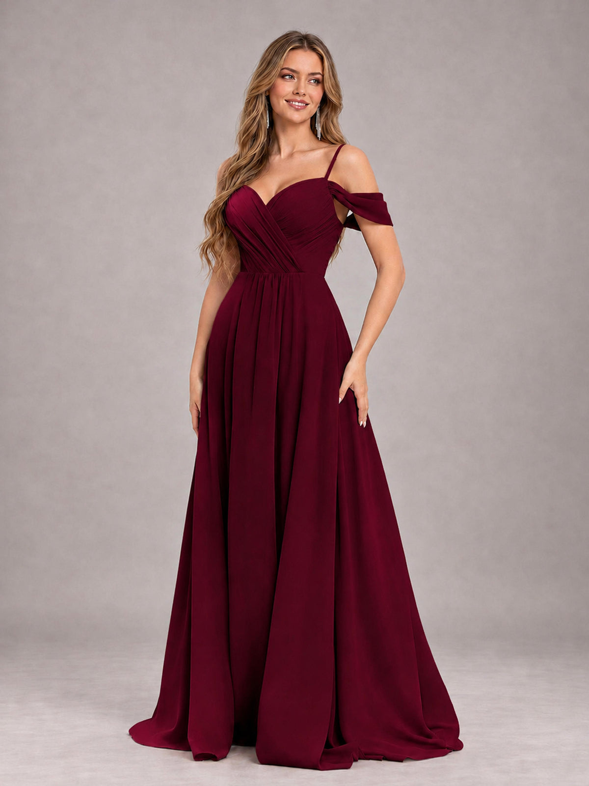 Burgundy Trendy Off The Shoulder Spaghetti Straps Chiffon Bridesmaid Dress