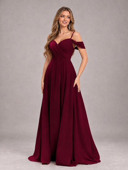 Burgundy Trendy Off The Shoulder Spaghetti Straps Chiffon Bridesmaid Dress