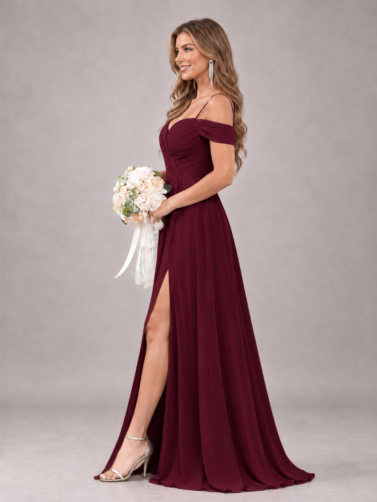 Burgundy Trendy Off The Shoulder Spaghetti Straps Chiffon Bridesmaid Dress