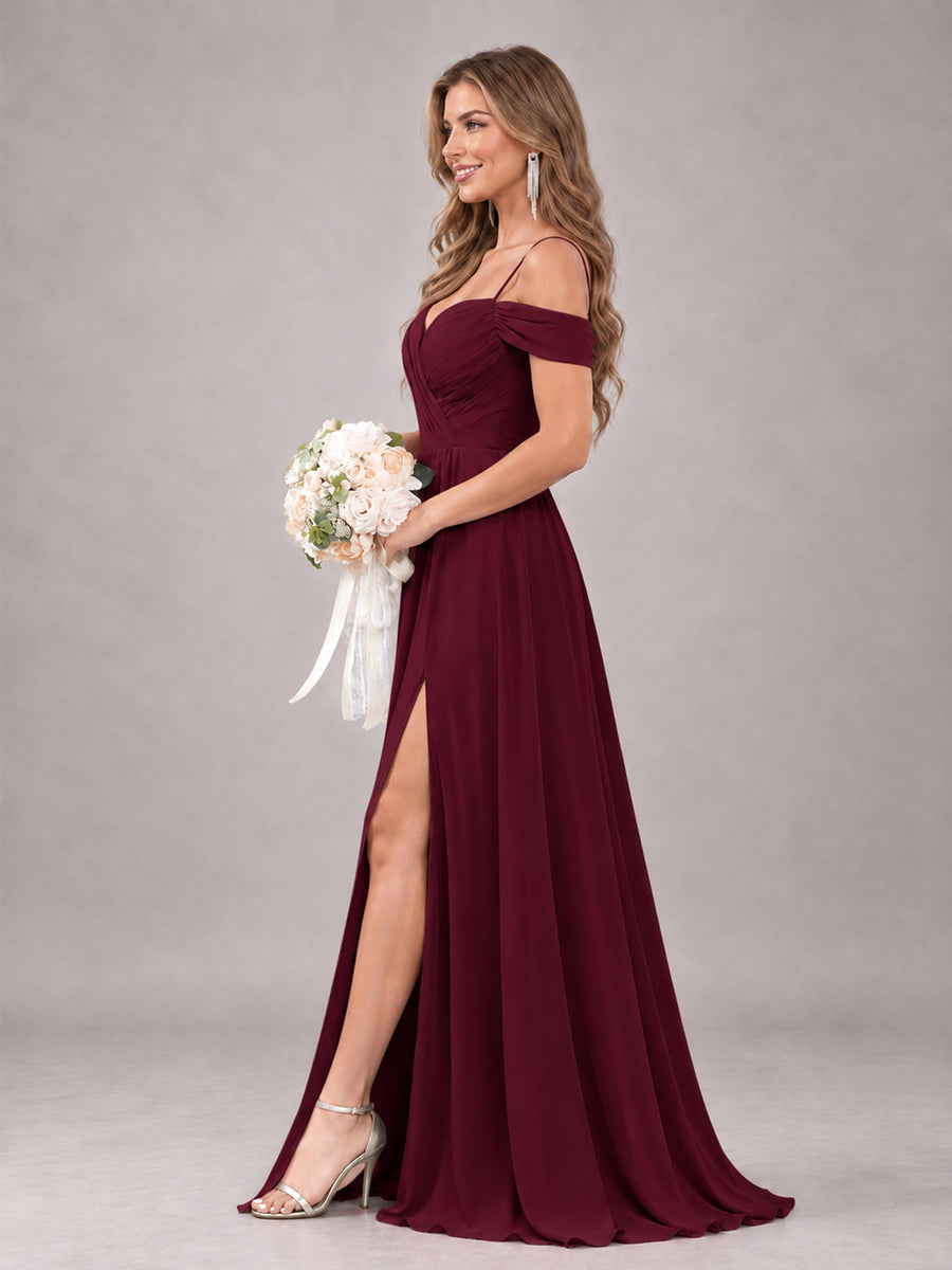 Burgundy Trendy Off The Shoulder Spaghetti Straps Chiffon Bridesmaid Dress