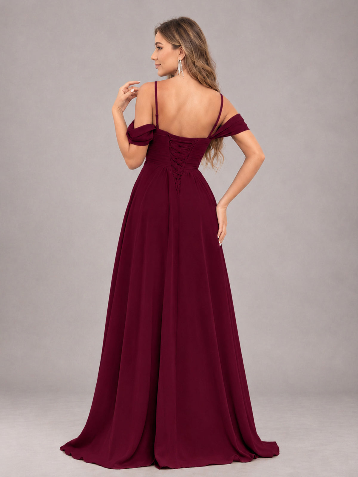 Burgundy Trendy Off The Shoulder Spaghetti Straps Chiffon Bridesmaid Dress