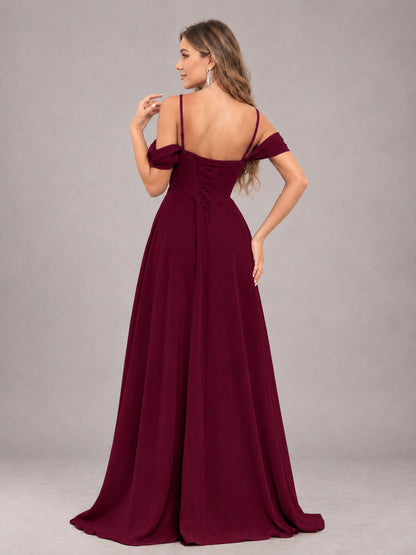 Burgundy Trendy Off The Shoulder Spaghetti Straps Chiffon Bridesmaid Dress