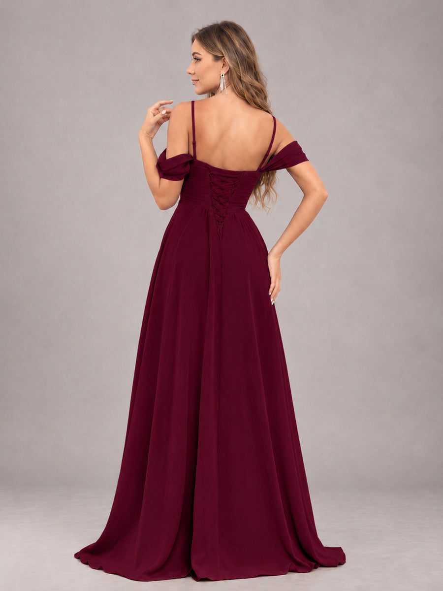 Burgundy Trendy Off The Shoulder Spaghetti Straps Chiffon Bridesmaid Dress