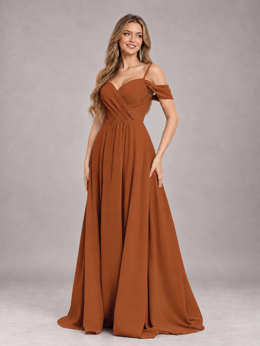 Burnt Orange Trendy Off The Shoulder Spaghetti Straps Chiffon Bridesmaid Dress