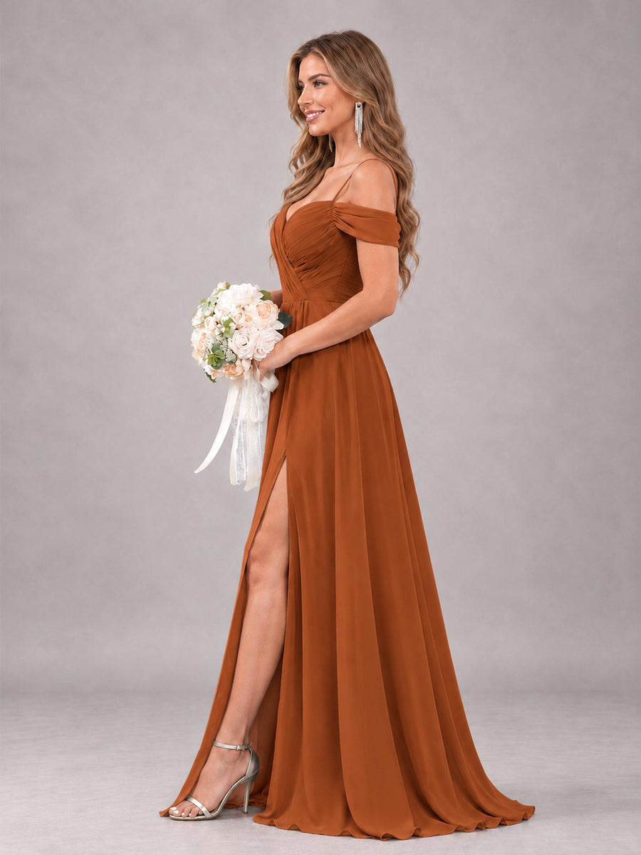 Burnt Orange Trendy Off The Shoulder Spaghetti Straps Chiffon Bridesmaid Dress