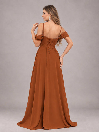 Burnt Orange Trendy Off The Shoulder Spaghetti Straps Chiffon Bridesmaid Dress