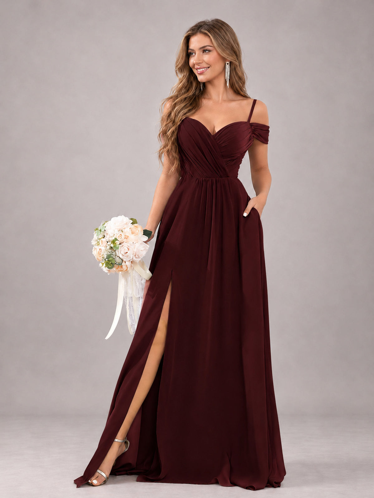 Cabernet Trendy Off The Shoulder Spaghetti Straps Chiffon Bridesmaid Dress