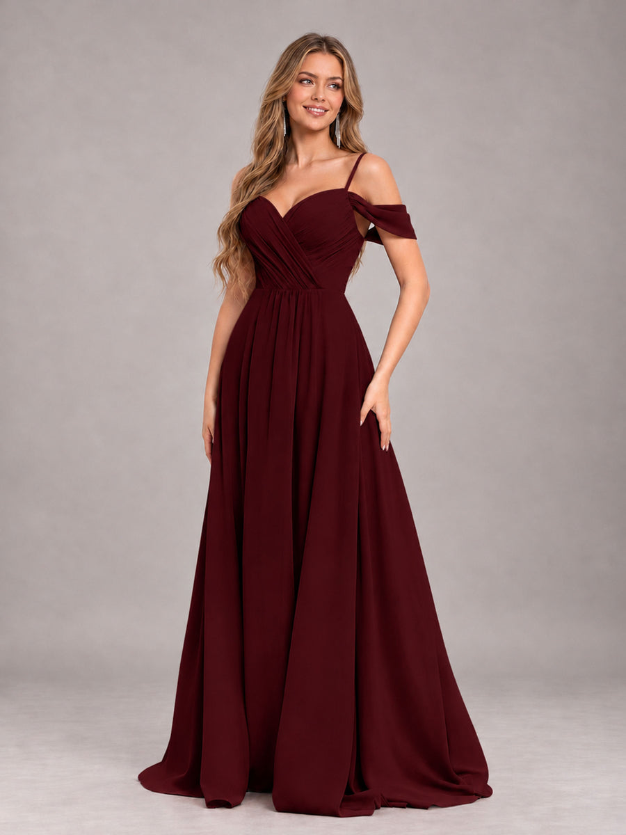 Cabernet Trendy Off The Shoulder Spaghetti Straps Chiffon Bridesmaid Dress