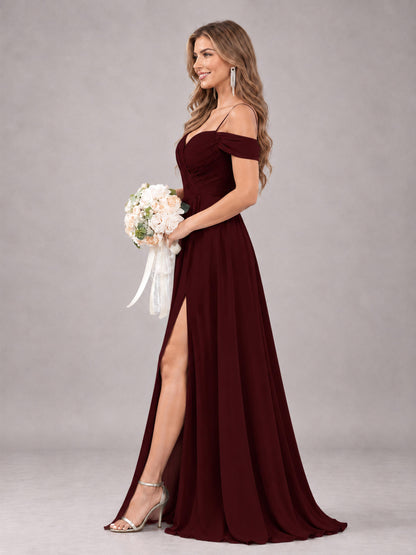 Cabernet Trendy Off The Shoulder Spaghetti Straps Chiffon Bridesmaid Dress