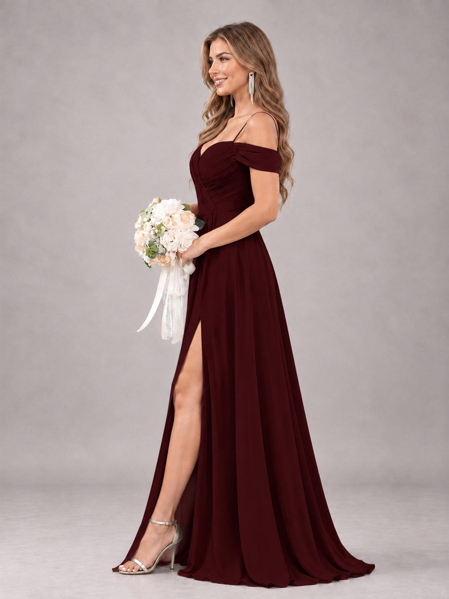 Cabernet Trendy Off The Shoulder Spaghetti Straps Chiffon Bridesmaid Dress