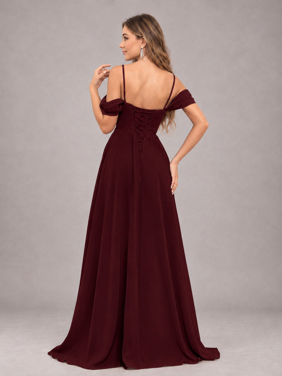 Cabernet Trendy Off The Shoulder Spaghetti Straps Chiffon Bridesmaid Dress
