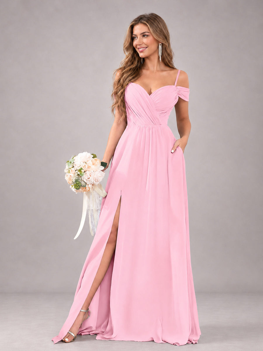 Candy Pink Trendy Off The Shoulder Spaghetti Straps Chiffon Bridesmaid Dress