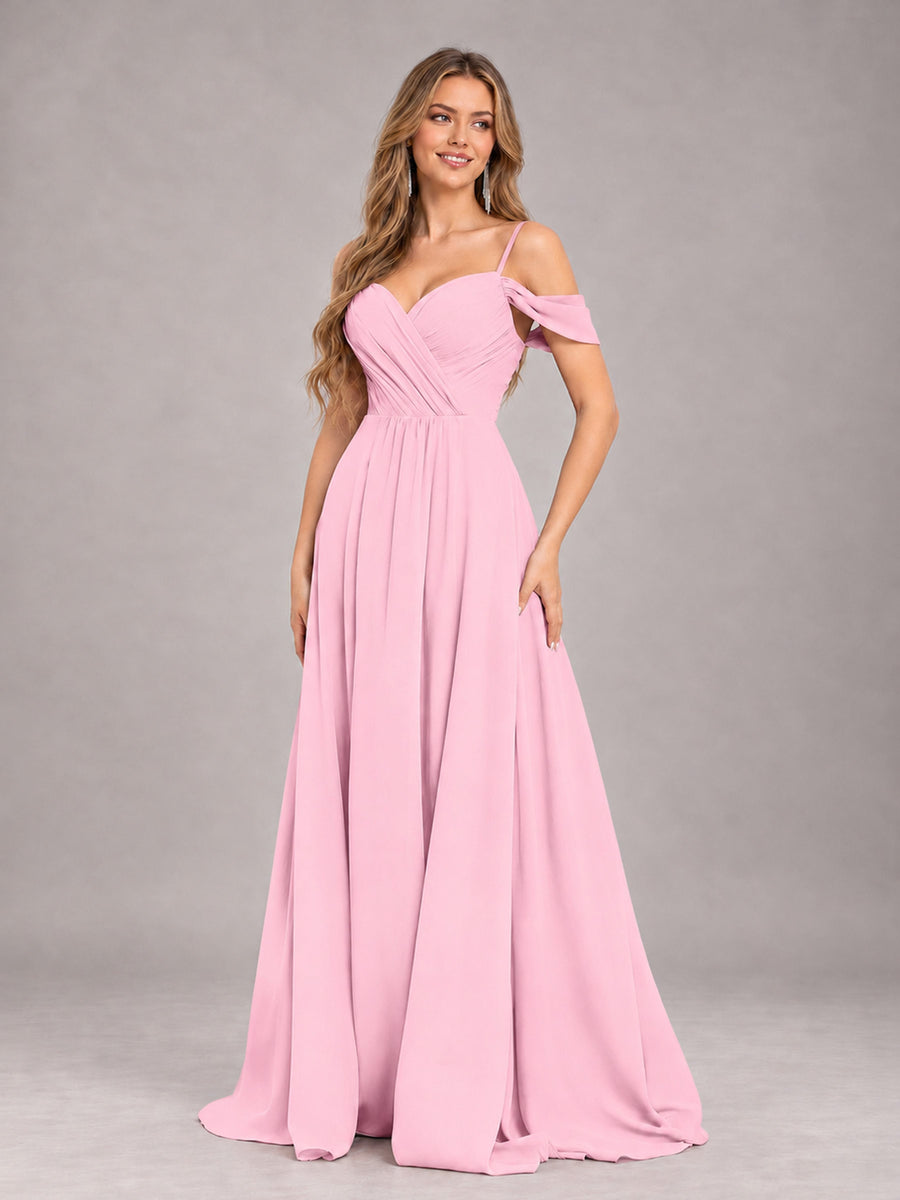 Candy Pink Trendy Off The Shoulder Spaghetti Straps Chiffon Bridesmaid Dress