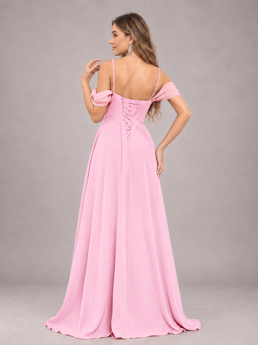 Candy Pink Trendy Off The Shoulder Spaghetti Straps Chiffon Bridesmaid Dress