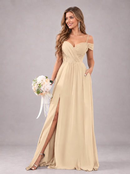 Champagne Trendy Off The Shoulder Spaghetti Straps Chiffon Bridesmaid Dress