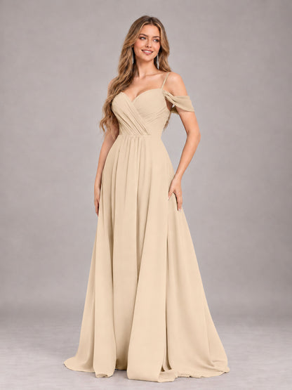 Champagne Trendy Off The Shoulder Spaghetti Straps Chiffon Bridesmaid Dress