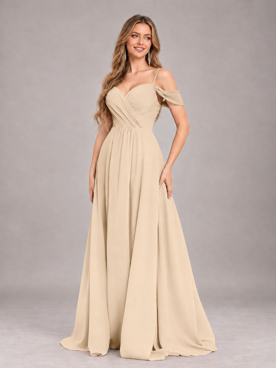 Champagne Trendy Off The Shoulder Spaghetti Straps Chiffon Bridesmaid Dress