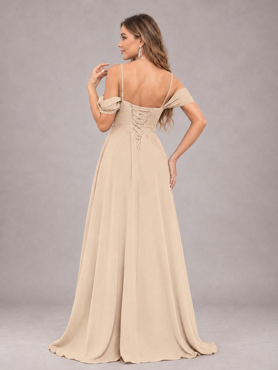 Champagne Trendy Off The Shoulder Spaghetti Straps Chiffon Bridesmaid Dress