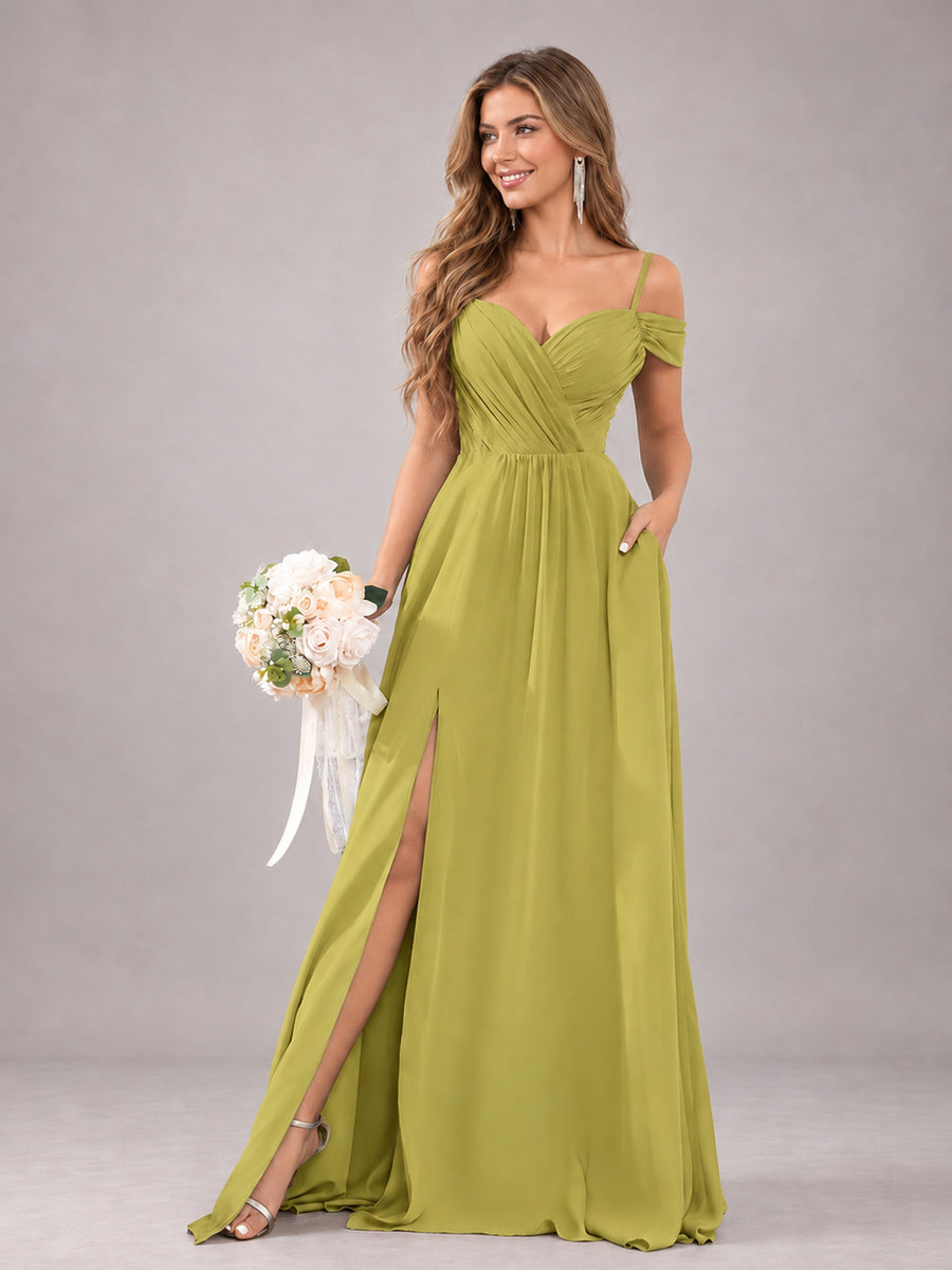 Chartreuse Trendy Off The Shoulder Spaghetti Straps Chiffon Bridesmaid Dress
