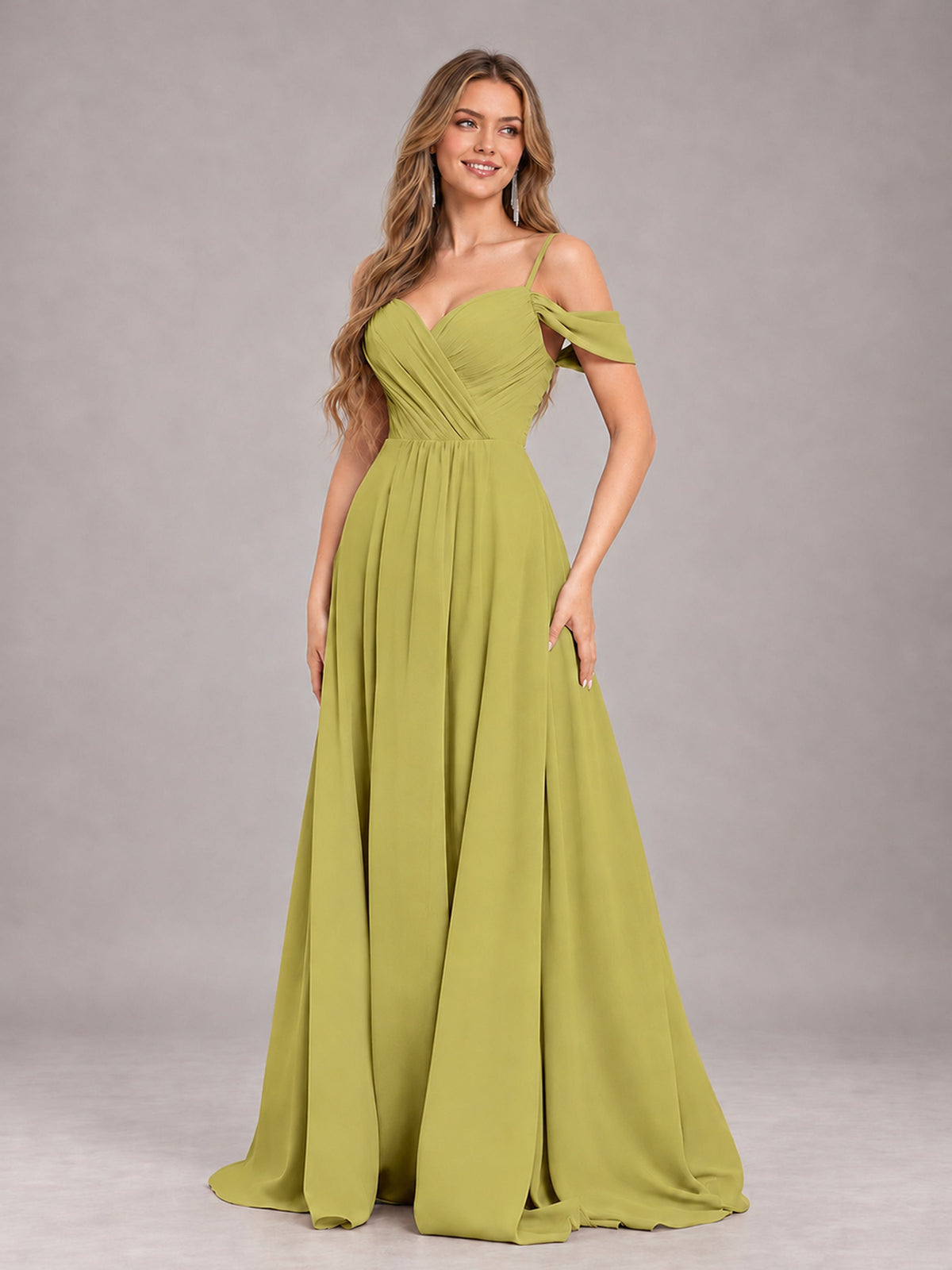 Chartreuse Trendy Off The Shoulder Spaghetti Straps Chiffon Bridesmaid Dress