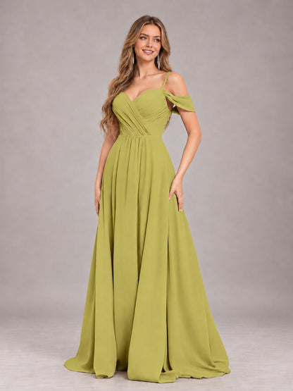 Chartreuse Trendy Off The Shoulder Spaghetti Straps Chiffon Bridesmaid Dress