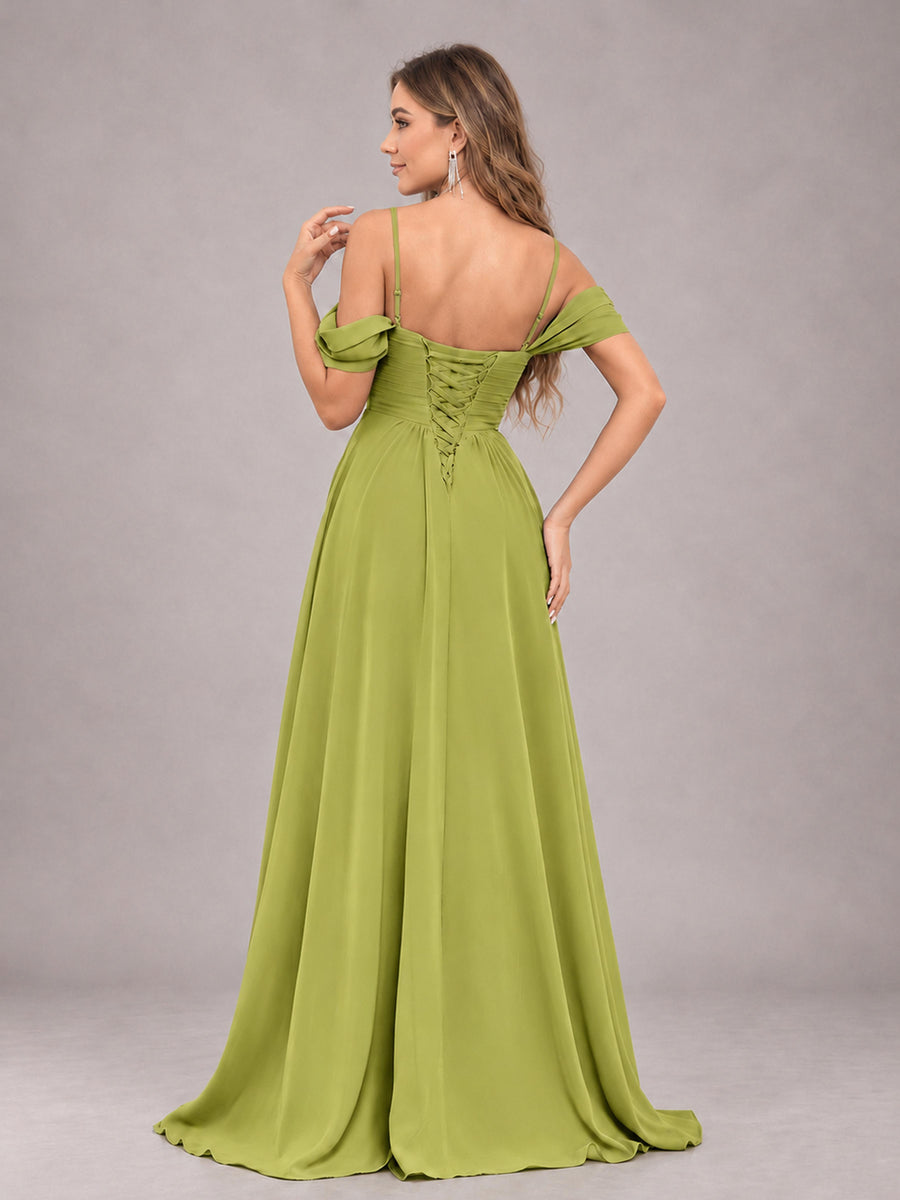 Chartreuse Trendy Off The Shoulder Spaghetti Straps Chiffon Bridesmaid Dress