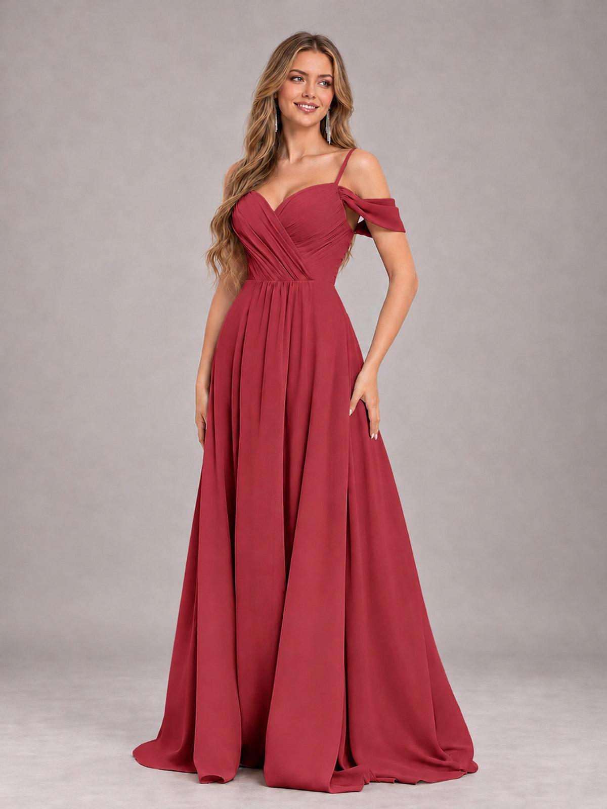 Cinnamon Rose Trendy Off The Shoulder Spaghetti Straps Chiffon Bridesmaid Dress