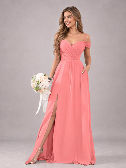Coral Trendy Off The Shoulder Spaghetti Straps Chiffon Bridesmaid Dress