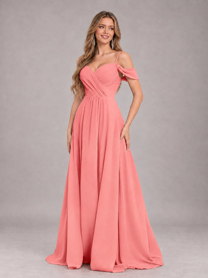 Coral Trendy Off The Shoulder Spaghetti Straps Chiffon Bridesmaid Dress