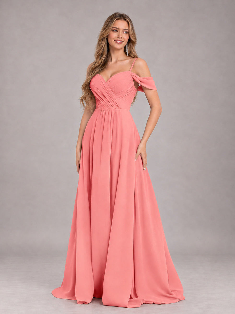 Coral Trendy Off The Shoulder Spaghetti Straps Chiffon Bridesmaid Dress