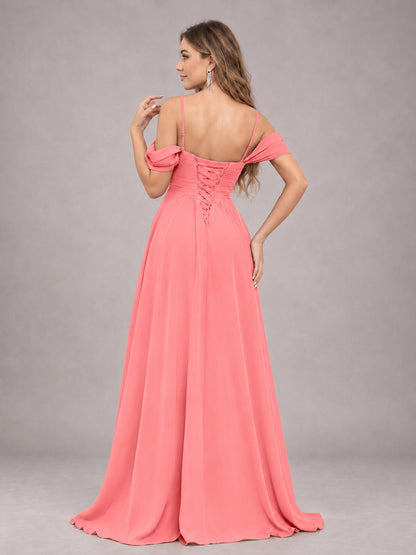 Coral Trendy Off The Shoulder Spaghetti Straps Chiffon Bridesmaid Dress