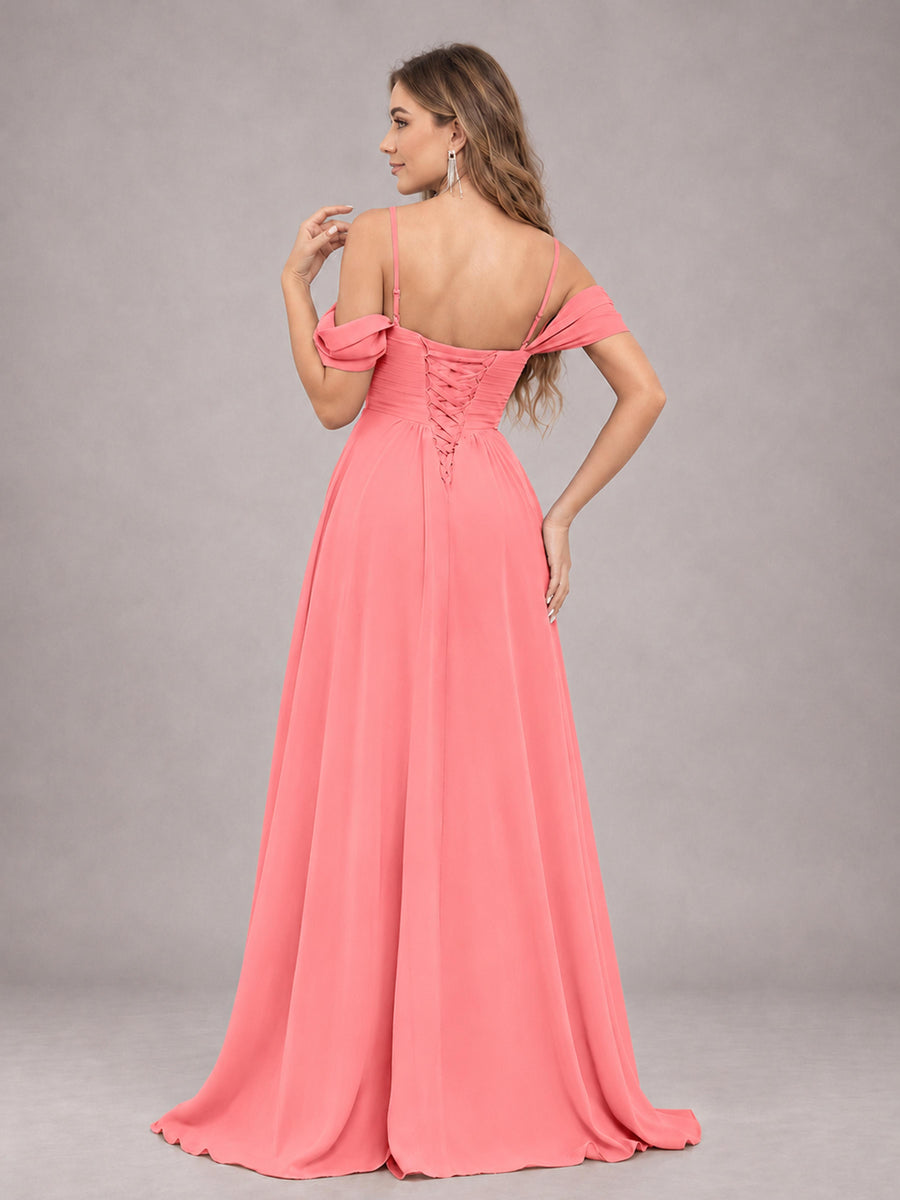 Coral Trendy Off The Shoulder Spaghetti Straps Chiffon Bridesmaid Dress