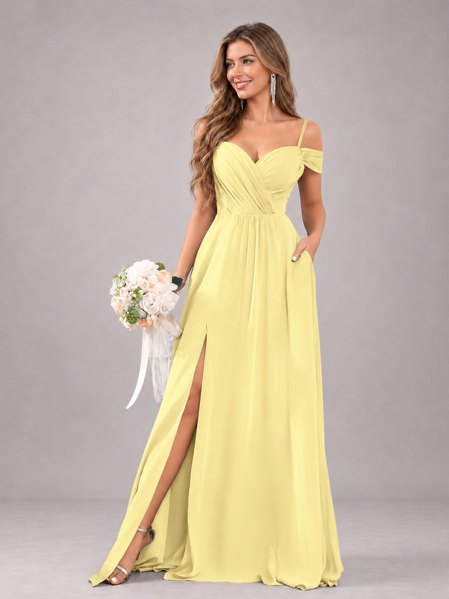Daffodil Trendy Off The Shoulder Spaghetti Straps Chiffon Bridesmaid Dress