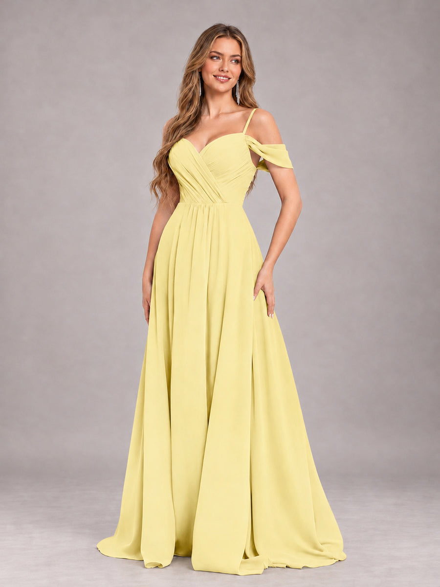 Daffodil Trendy Off The Shoulder Spaghetti Straps Chiffon Bridesmaid Dress
