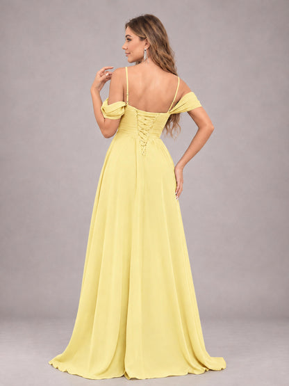 Daffodil Trendy Off The Shoulder Spaghetti Straps Chiffon Bridesmaid Dress